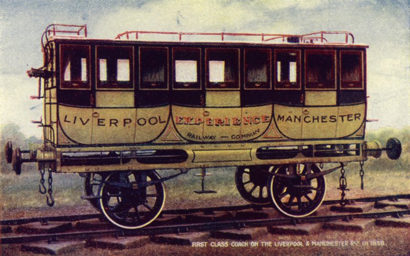 Carruagem de primeira classe nos caminhos-de-ferro de Liverpool e Manchester em 1838 (cor litho) de English School