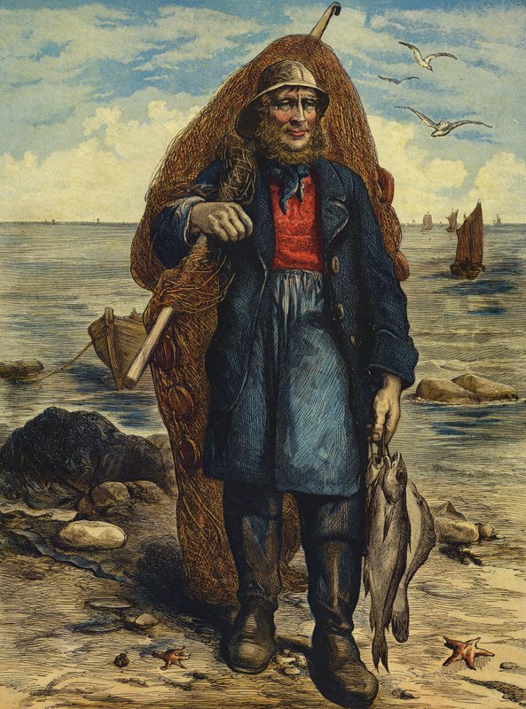 Pescador carregando as suas redes e segurando a sua captura de peixe (gravura colorida) de English School
