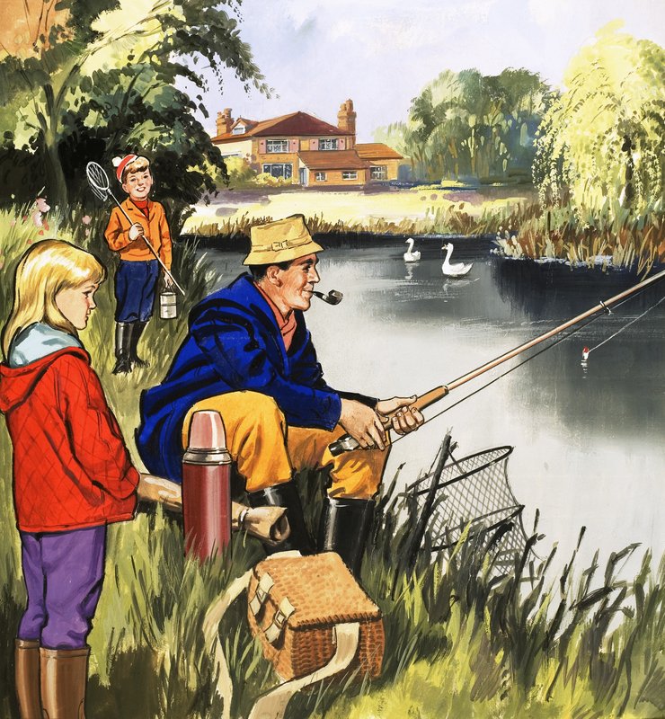 Pescador, ligado, um, riverbank de English School