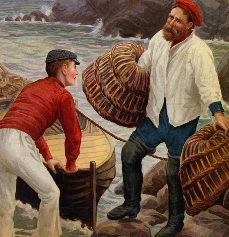 Pescadores com panelas de lagosta (litografia a cores) de English School