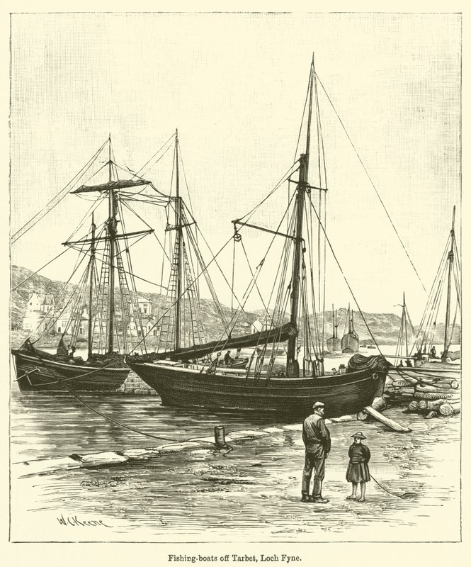 Barcos de pesca ao largo de Tarbet, Loch Fyne (gravura) de English School