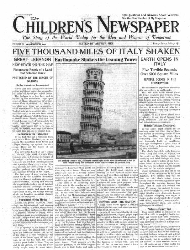 Cinco Mil Milhas da Itália Shaken, primeira página do &39;The Children&39;s Newspaper&39;, setembro de 1920 (papel de jornal) de English School