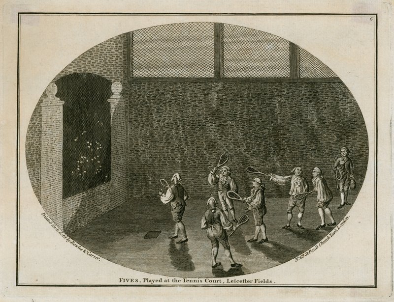 Fives, jogou na quadra de tênis, Leicester Fields de English School