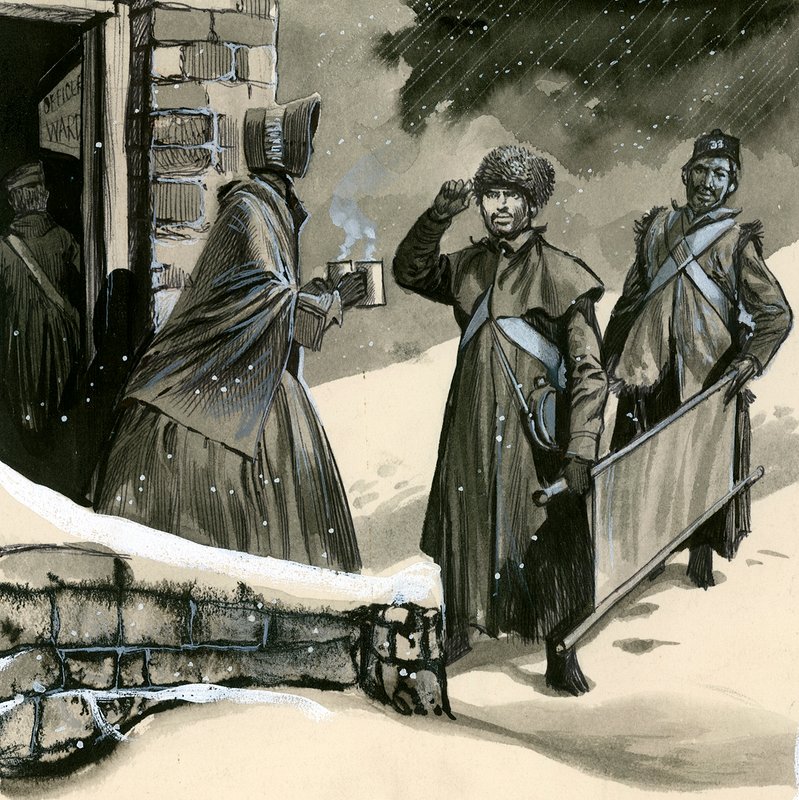 Florence Nightingale saudação soldados na neve de English School