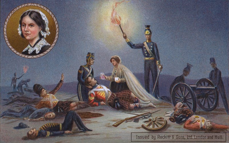 Florence Nightingale a tratar os soldados britânicos feridos no campo de batalha, Guerra da Crimeia de English School