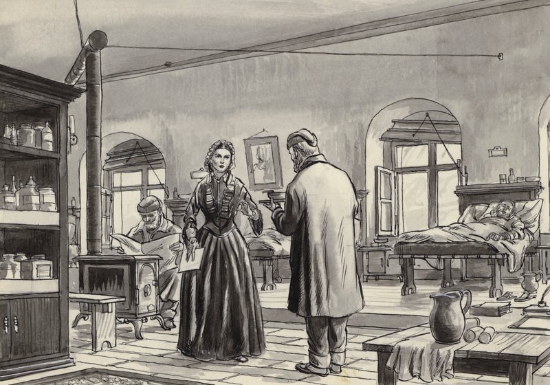 Florence Nightingale trabalhando no hospital em Scutari (guache no papel) de English School