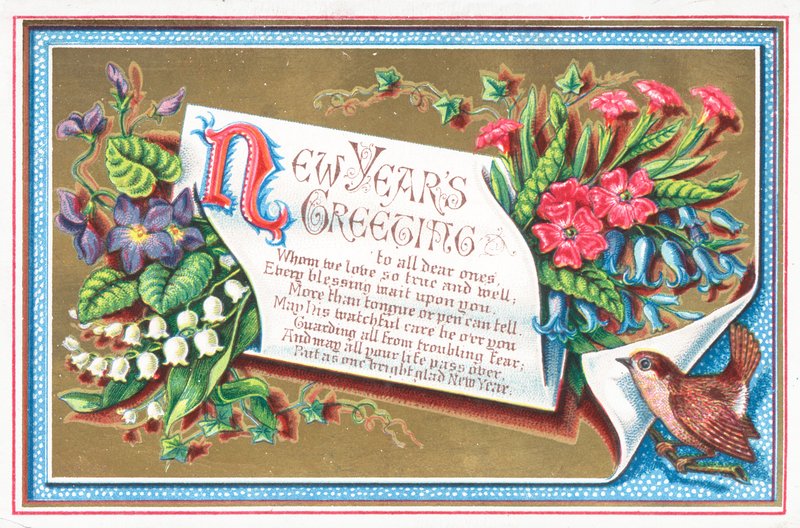 Flores e pássaros, cartão de ano novo de English School