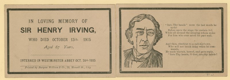 Cartão dobrado observando a morte de Sir Henry Irving, ator, que morreu em 13 de outubro de 1905 de English School