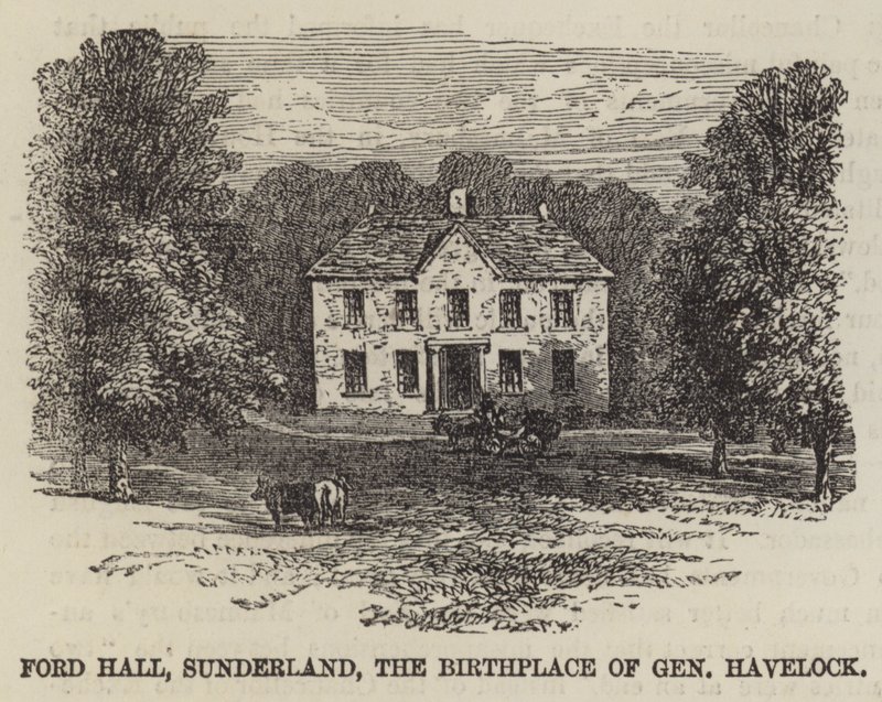 Ford Hall, Sunderland, o local de nascimento do General Havelock (gravura) de English School