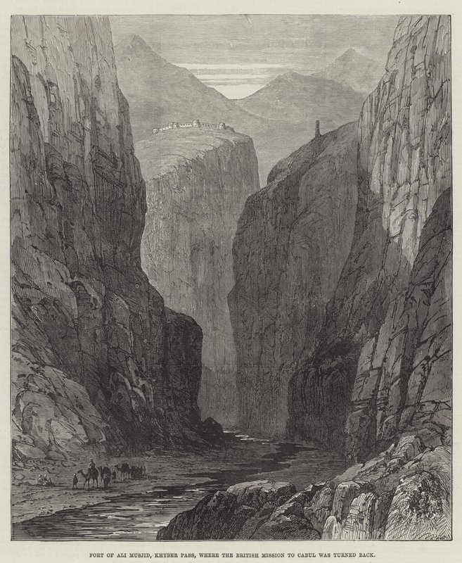 Forte de Ali Musjid, Khyber Pass, onde a Missão Britânica em Cabul foi devolvida (gravura) de English School