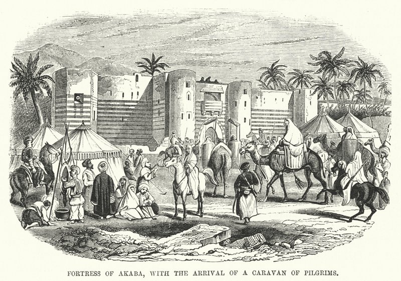 Fortaleza de Akaba, com a Chegada de uma Caravana de Peregrinos (gravura) de English School