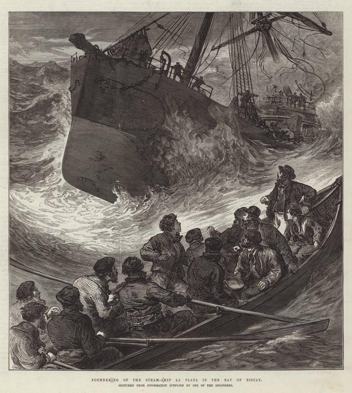 Fundação do navio a vapor La Plata no Golfo da Biscaia (gravura) de English School