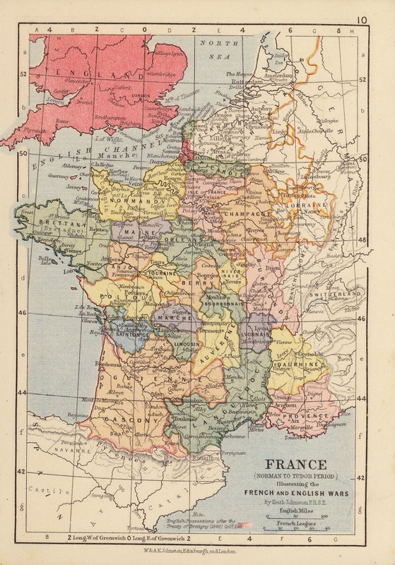 França, período normando a Tudor, ilustrando as guerras francesa e inglesa (litografia a cores) de English School