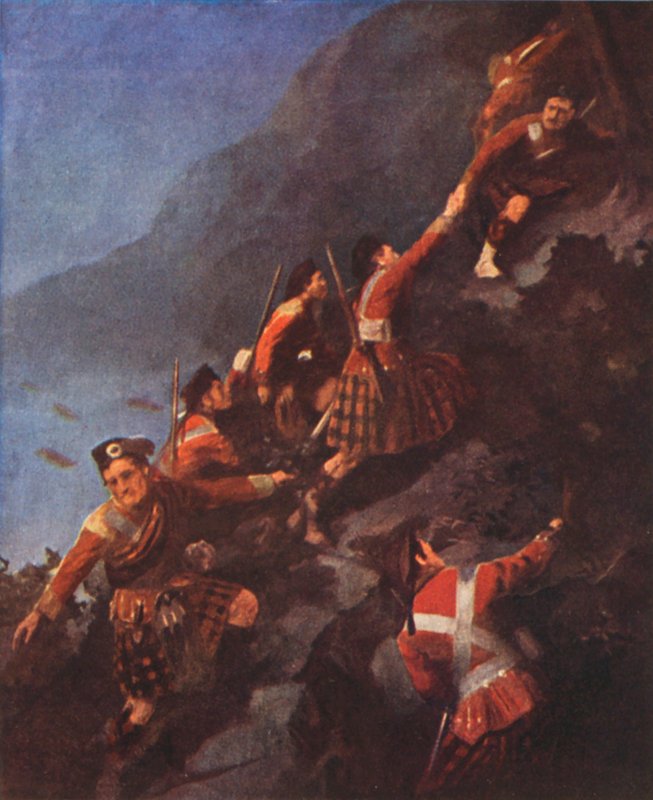 Os Fraser Highlanders a tomar de assalto as alturas do Quebeque (litografia a cores) de English School
