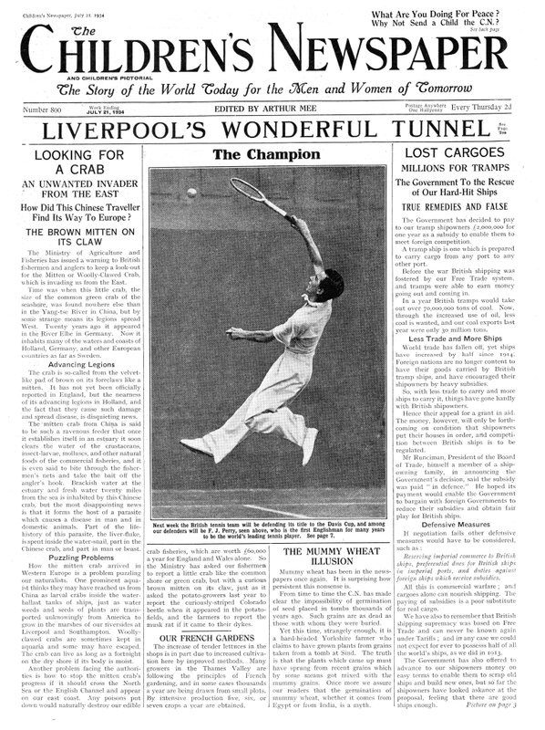 Fred Perry, primeira página do &39;The Children&39;s Newspaper&39;, julho de 1934 (papel de jornal) de English School