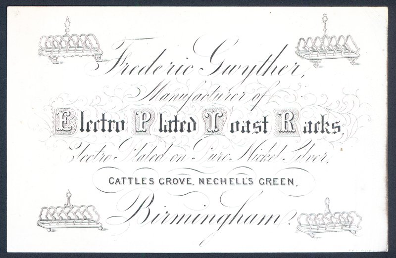 Frederic Gwyther, fabricante de racks de brinde eletro-plated, cartão de comércio de English School