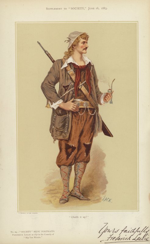 Frederick Leslie, como Rip na Comédia de Rip Van Winkle (litografia a cores) de English School