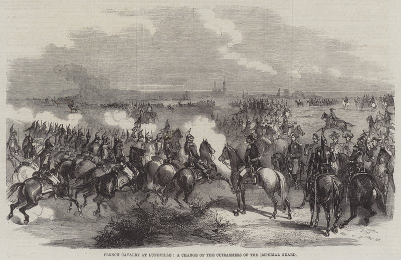 Cavalaria Francesa em Luneville, um Cargo dos Cuirassiers da Guarda Imperial (gravura) de English School