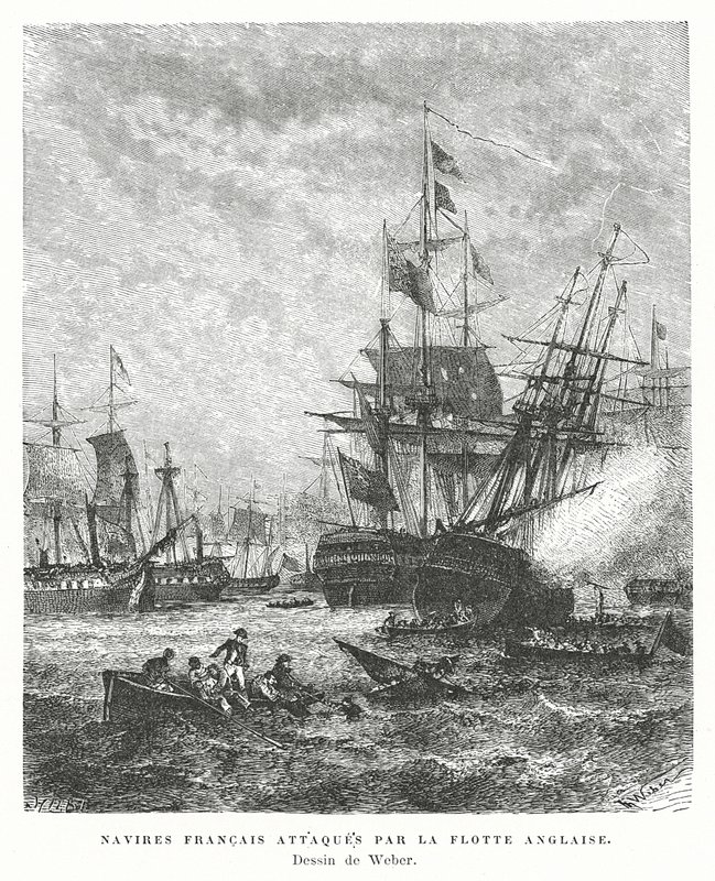 Navios de guerra franceses atacados por uma frota britânica de English School