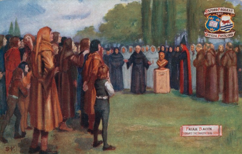 Frade Bacon exibe a cabeça de bronze, 1270 de English School