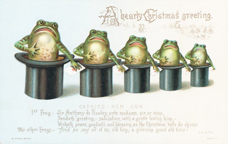 Rãs em pé em Chapéus! Cartão de Natal de English School