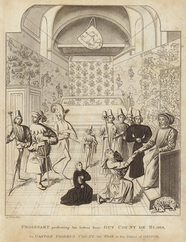 Froissart apresentando suas cartas de Guy Court de Blois, a Gaston Phoebus Count de Foix em seu Palácio de Orthez de English School
