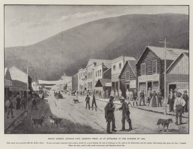 Front Street, Dawson City, olhando para Oeste, como apareceu no Verão de 1898 (gravura) de English School