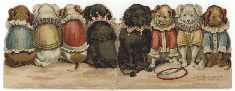 Capa frontal e traseira de um cartão mostrando cães em trajes de circo de English School