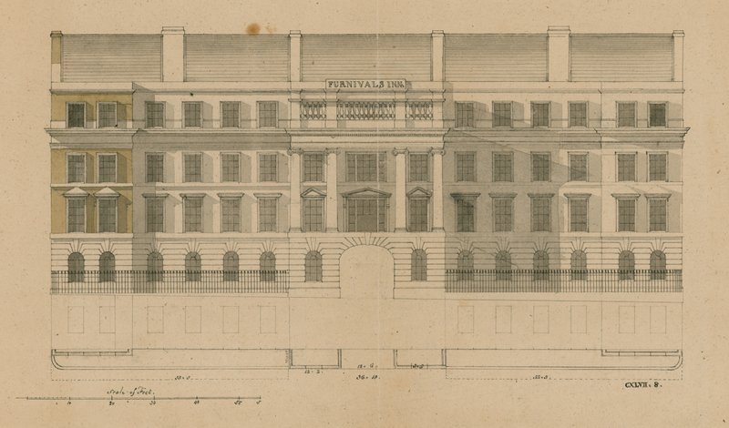 Elevação frontal do Furnivals Inn, Holborn, Londres de English School