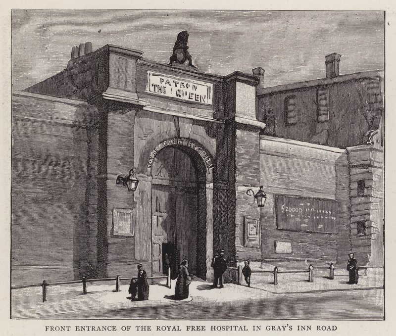 Entrada frontal do Royal Free Hospital, Gray