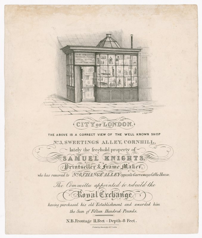 Frente do nº 3, Sweetings Alley, Cornhill, propriedade recente de Samuel Knights, Printeller e Frame Maker de English School