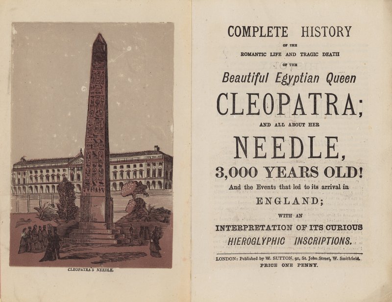 Frontispício e página de título para a história completa da vida romântica e morte trágica da bela rainha egípcia Cleópatra de English School