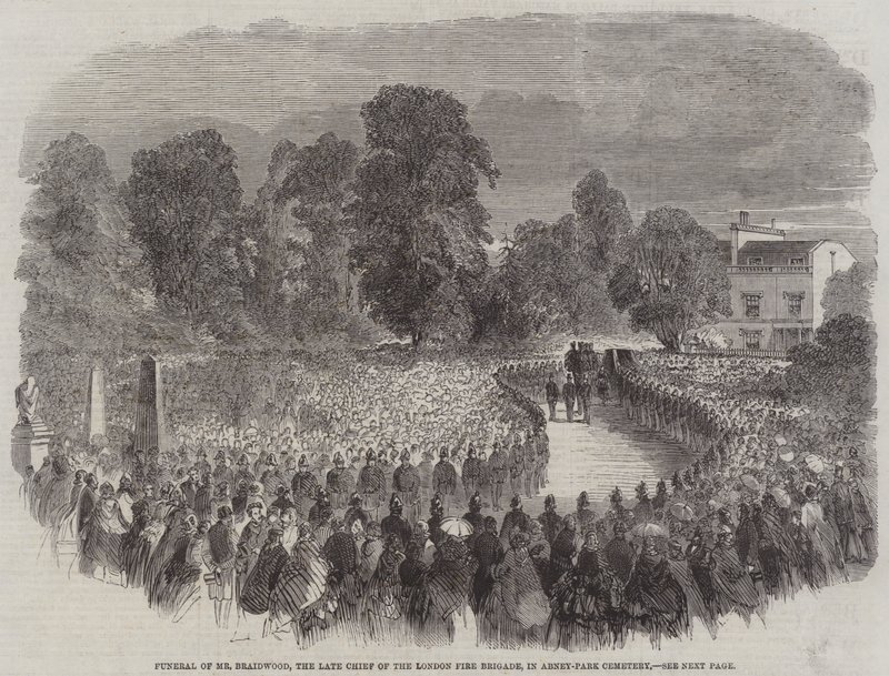 Funeral do Sr. Braidwood, o falecido Chefe dos Bombeiros de Londres, no Cemitério de Abney-Park (gravura) de English School