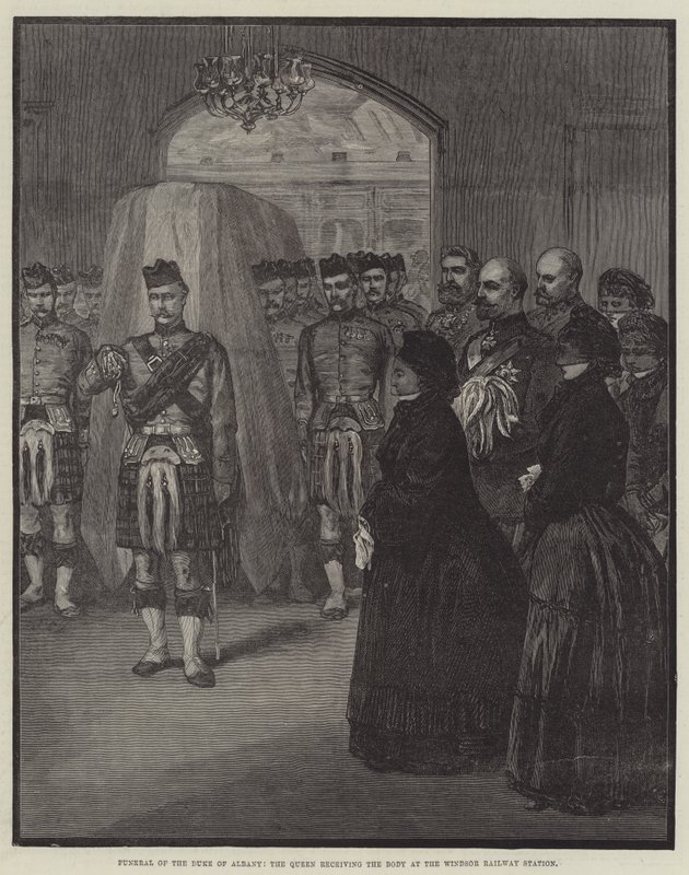 Funeral do Duque de Albany, a rainha que recebe o corpo na estação ferroviária de Windsor (gravura) de English School