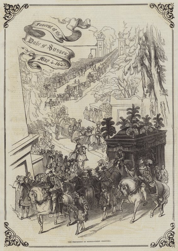 Funeral do Duque de Sussex, 4 de Maio de 1843, a Procissão no Cemitério de Kensal-Green (gravura) de English School