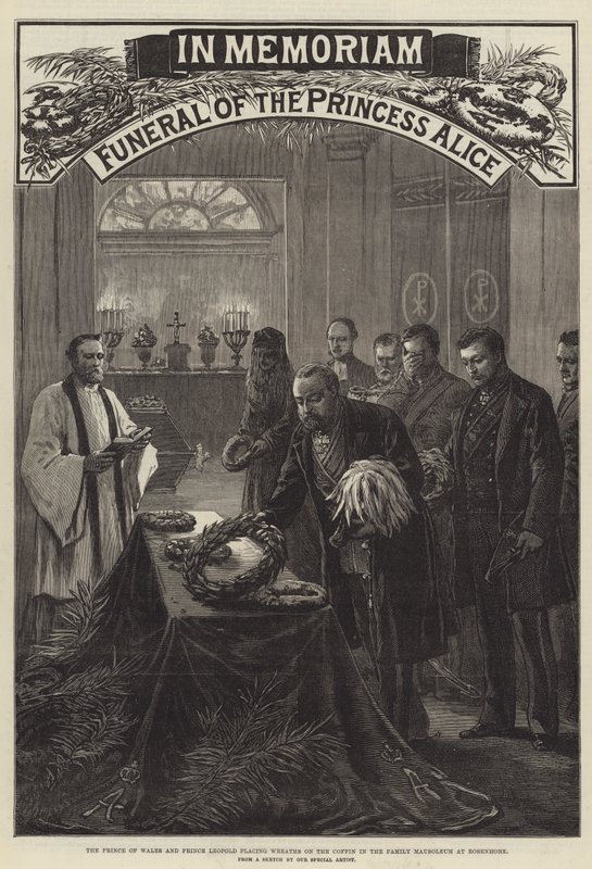 Funeral da Princesa Alice, o Príncipe de Gales e o Príncipe Leopoldo colocando Grinaldas no Caixão do Mausoléu da Família em Rosenhohe (gravura) de English School