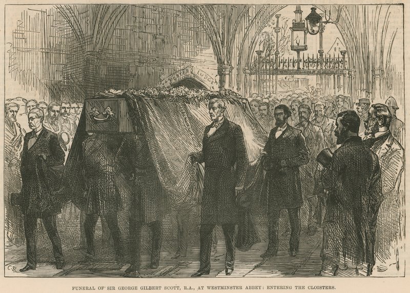 Funeral do falecido Sir George Gilbert Scott, RA, na Abadia de Westminster, entrando nos claustros de English School