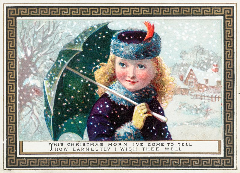 Menina segurando guarda-chuva na neve, cartão de natal de English School