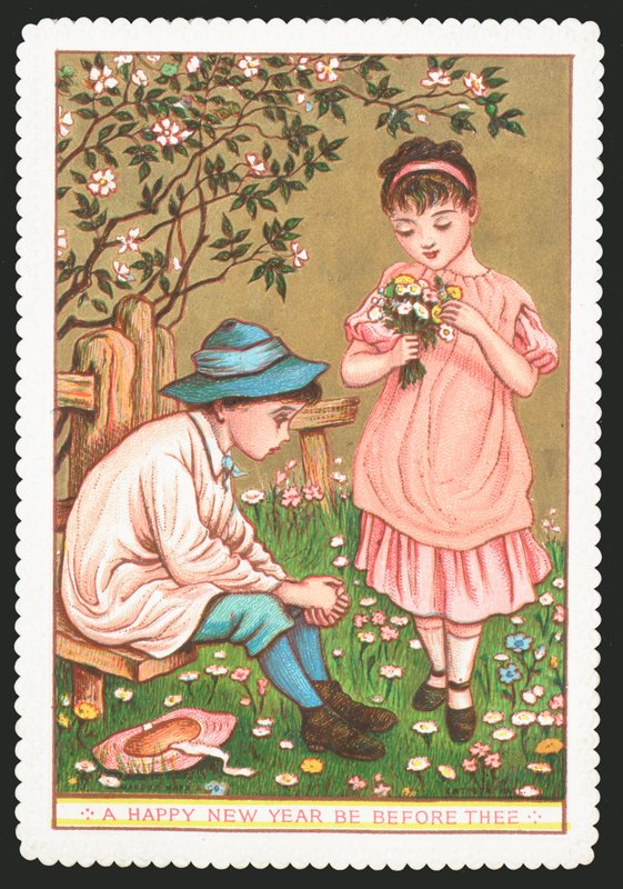 Garota com flores falando com menino sentado, cartão de ano novo de English School