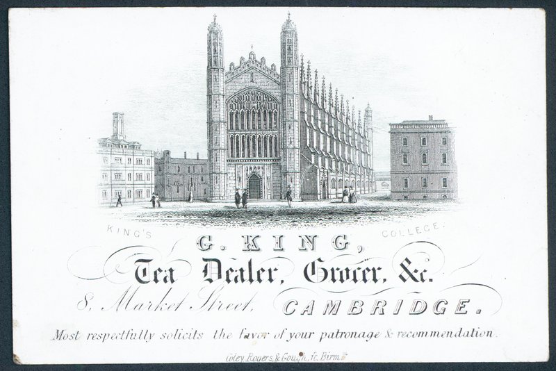 G King, vendedor de chá, merceeiro etc, cartão de comércio de English School