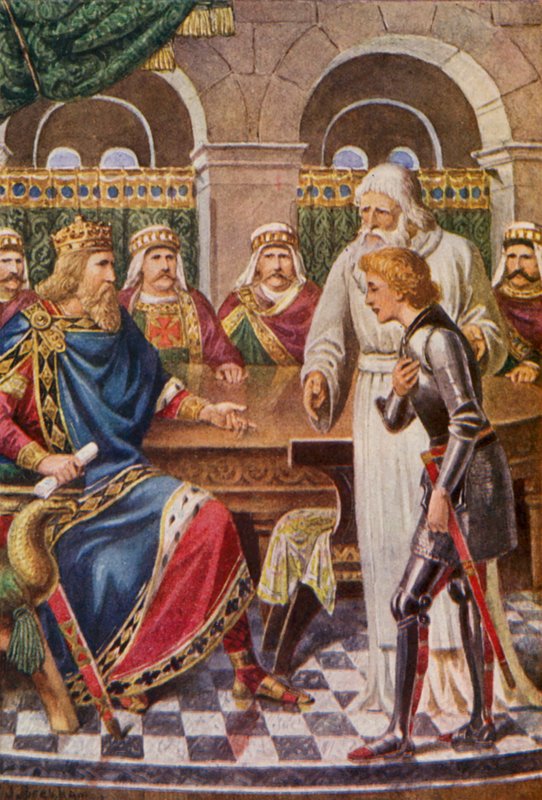 Galahad na corte do Rei Artur (litografia a cores) de English School