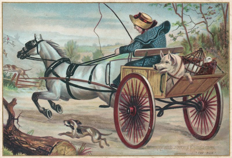 Cavalo e carro de galope, cartão de Natal de English School