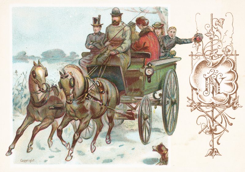 Cavalos e diligência galopando, cartão do ano novo de English School