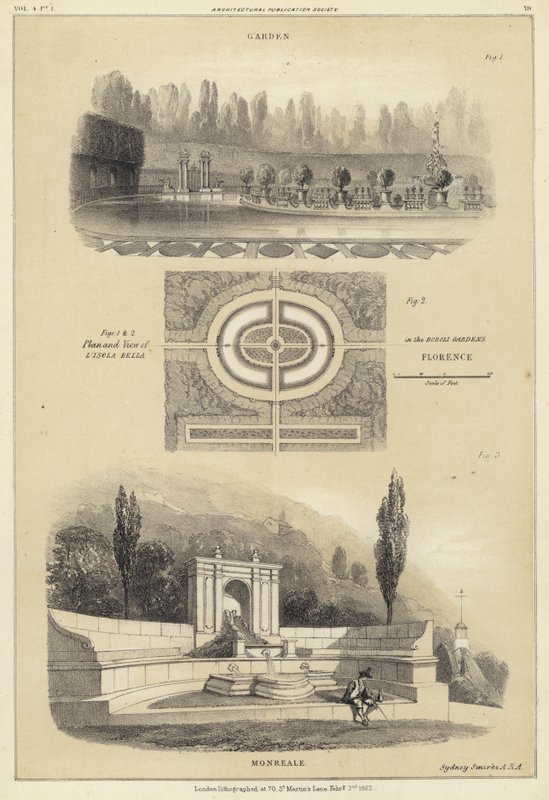 Jardins: Isola Bella nos Jardins Boboli, Florença, e Monreale, Itália (litho) de English School