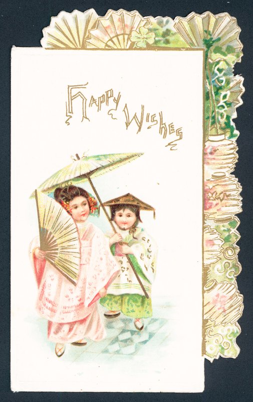Menina de gueixa e menina chinesa, cartão de Natal de English School