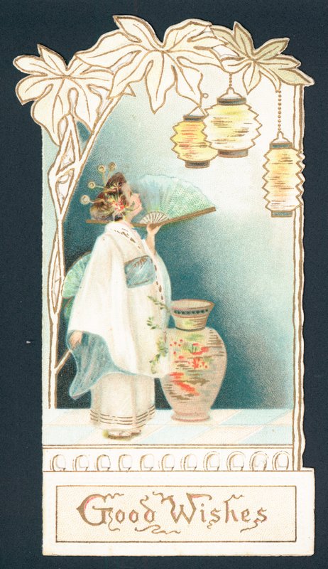 Gueixa, menina, olhar, lanternas, natal, cartão, (chromolitho) de English School
