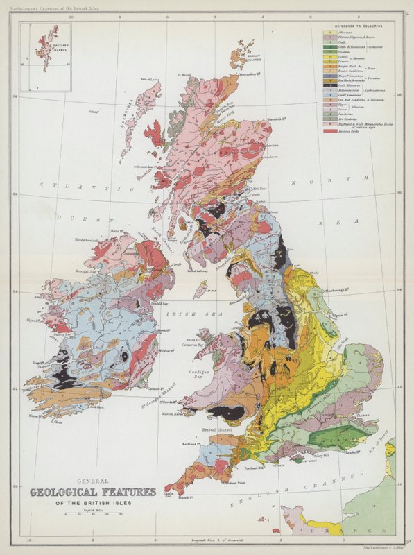 Características geológicas gerais das Ilhas Britânicas (litografia a cores) de English School