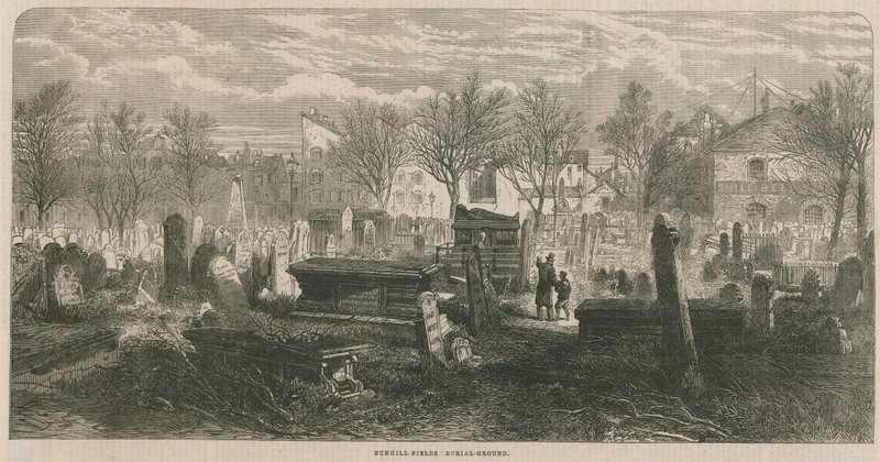 Visão geral, de, Bunhill, campos, cemitério de English School