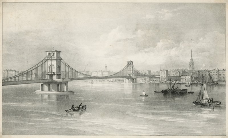 Vista geral de Hungerford e Lambeth Suspension Foot Bridge de English School