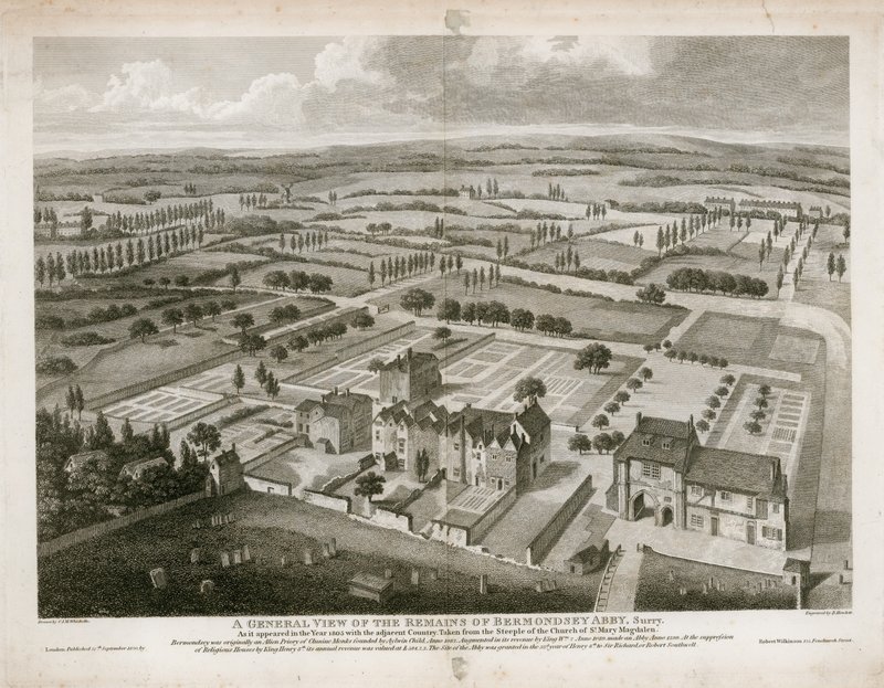Vista geral dos restos da Abadia de Bermondsey, como apareceu em 1805 de English School